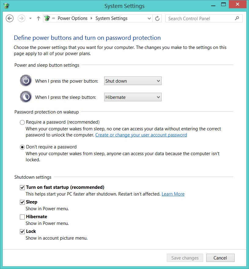Change the hybrid shutdown feature in Windows 8 Control Panel